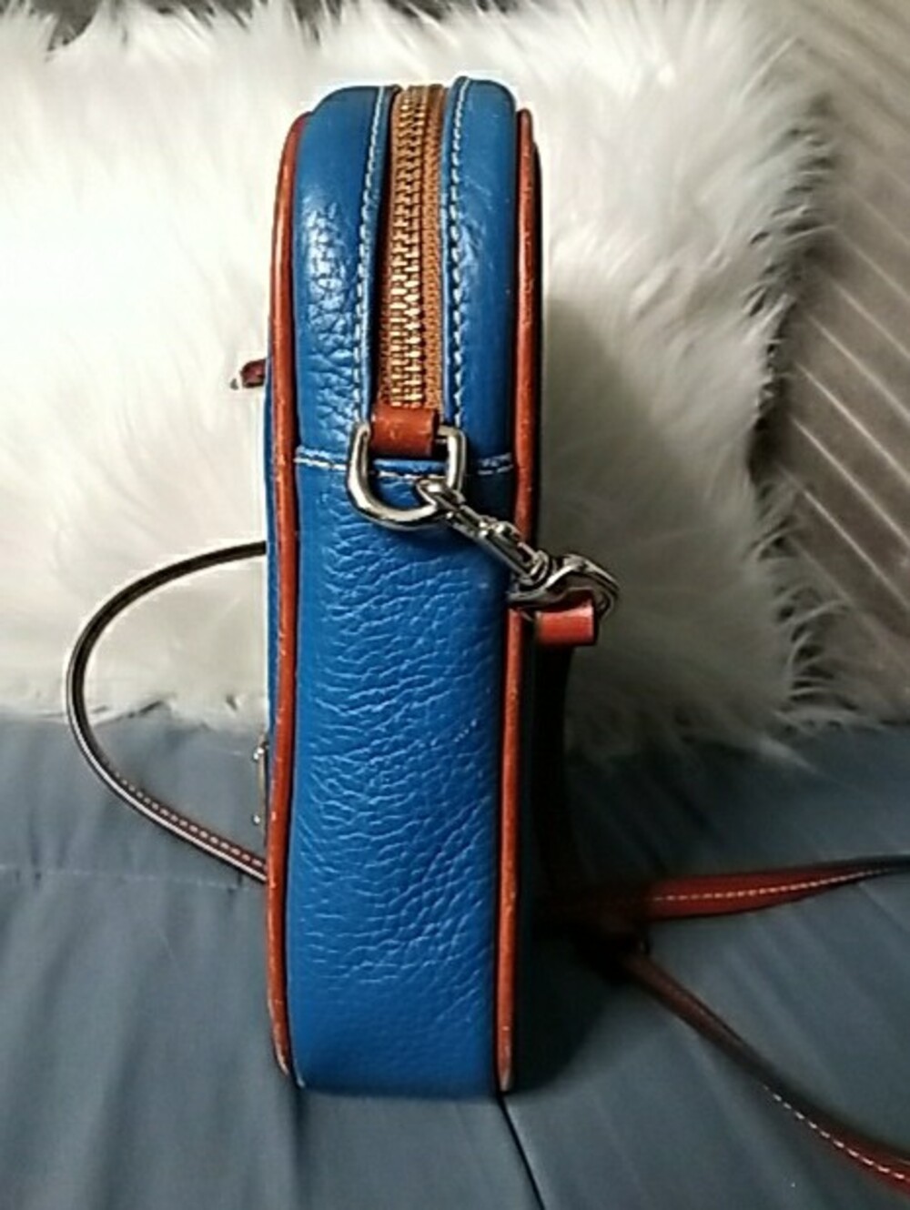 Dooney & Bourke Blue Pebbled Leather Crossbody with Brown Trim - Picture 3 of 13